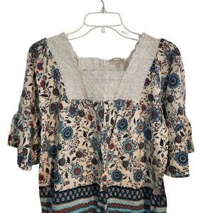 Umgee‎ USA Floral Peasant Boho Blouse Top Crochet Trim Bell Sleeve Size S Y2K